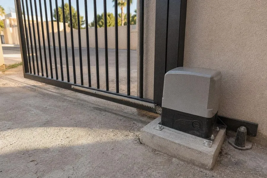 Motor de cremallera instalado en un portón corredizo de herrería