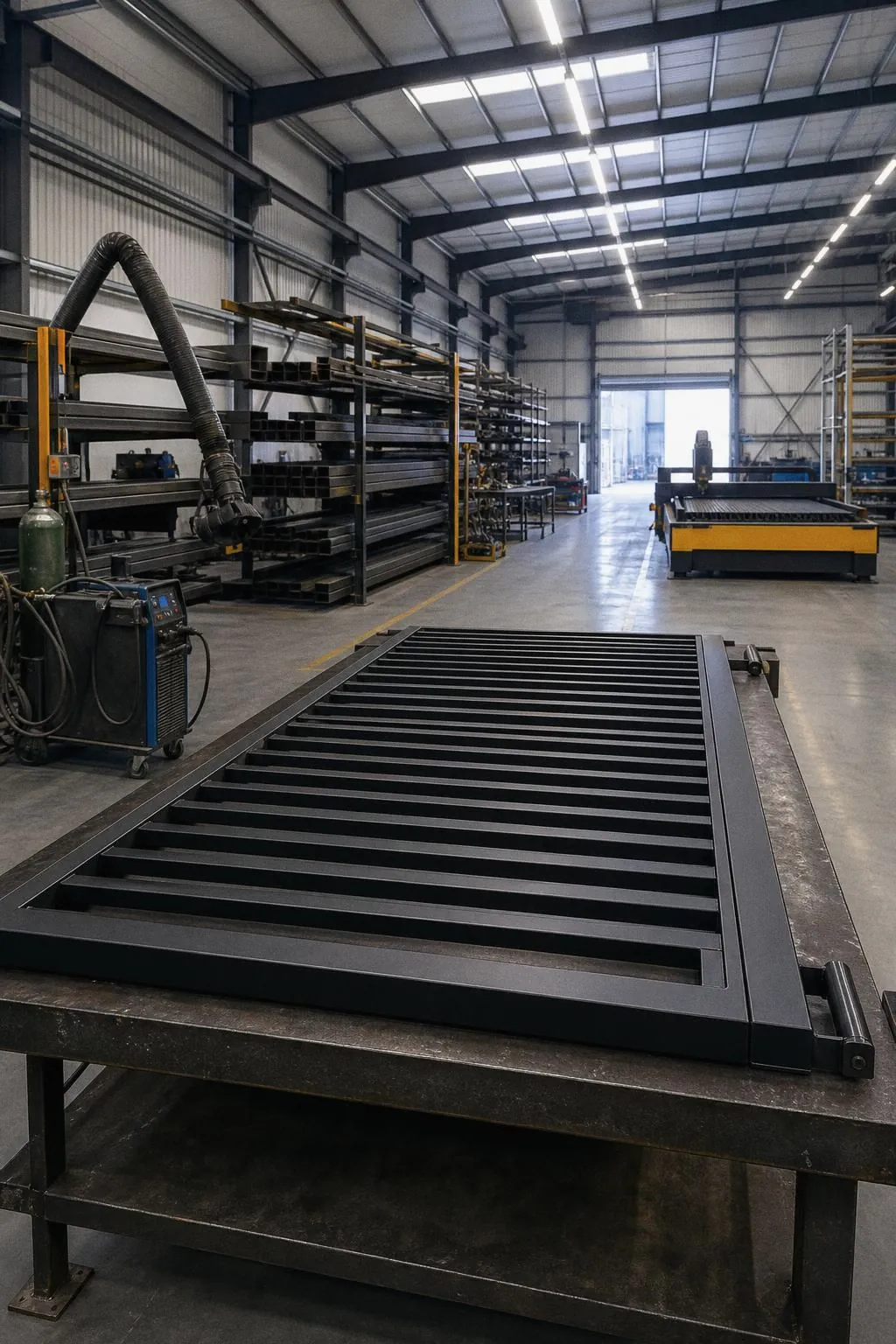 Nave de fabricación de herrería con un portón negro terminado sobre la mesa de trabajo