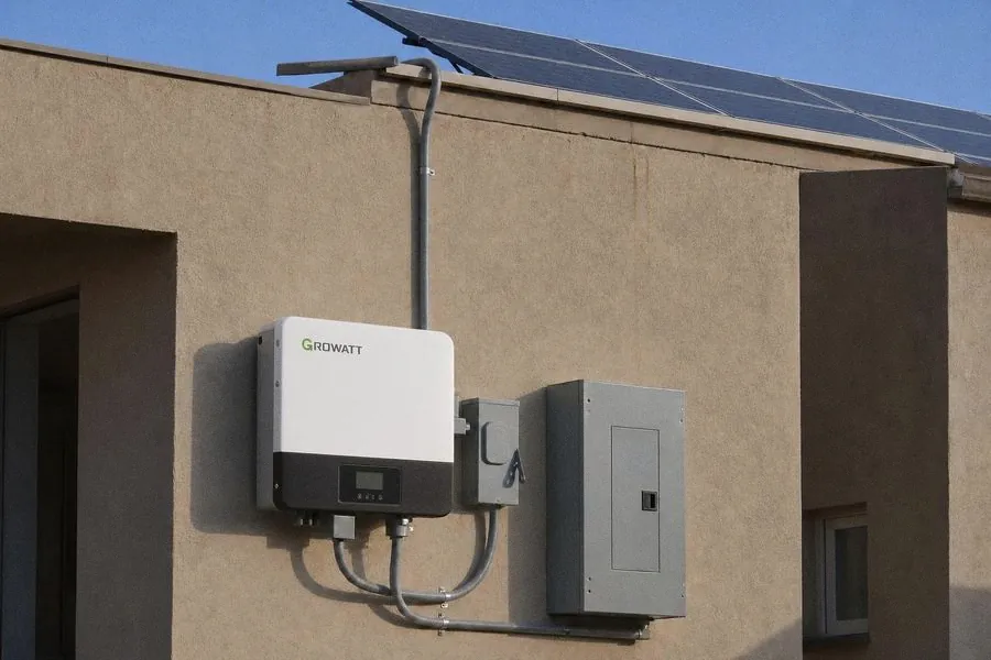 Inversor solar Growatt instalado en el muro, conectado a los paneles de la azotea